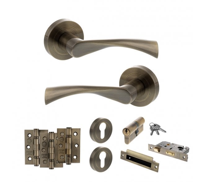 STATUS Colorado Door Handle Euro Profile Lock Pack (3 Ball Bearing Hinges x3) - Antique Brass
