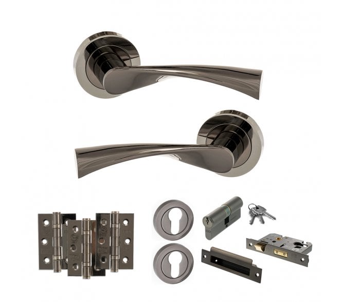 STATUS Colorado Door Handle Euro Profile Lock Pack (3 Ball Bearing Hinges x3) - Black Nickel