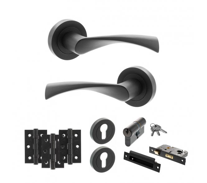 STATUS Colorado Door Handle Euro Profile Lock Pack (3 Ball Bearing Hinges x3) - Matt Black