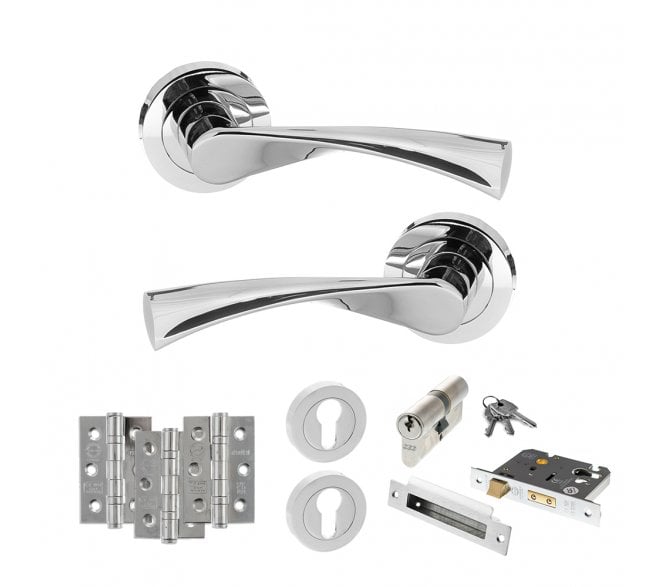 STATUS Colorado Door Handle Euro Profile Lock Pack (3 Ball Bearing Hinges x3) - Polished Chrome
