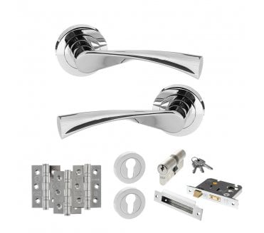STATUS Colorado Door Handle Euro Profile Lock Pack (3 Ball Bearing Hinges x3) - Polished Chrome