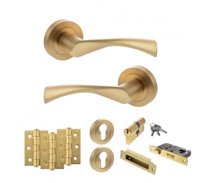 STATUS Colorado Door Handle Euro Profile Lock Pack (3 Ball Bearing Hinges x3) - Satin Brass