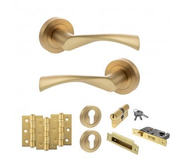 STATUS Colorado Door Handle Euro Profile Lock Pack (3 Ball Bearing Hinges x3) - Satin Brass
