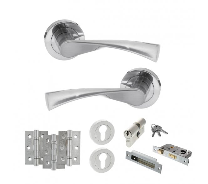 STATUS Colorado Door Handle Euro Profile Lock Pack (3 Ball Bearing Hinges x3) - Satin Chrome