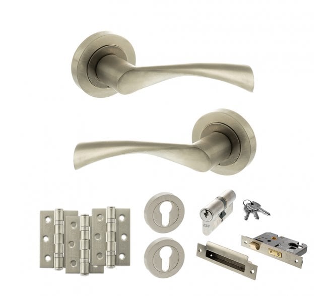STATUS Colorado Door Handle Euro Profile Lock Pack (3 Ball Bearing Hinges x3) - Satin Nickel