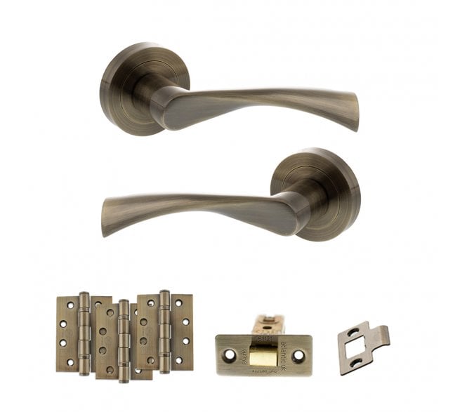 STATUS Colorado Door Handle Latch Pack (4 Fire Rated Hinges x3) - Antique Brass