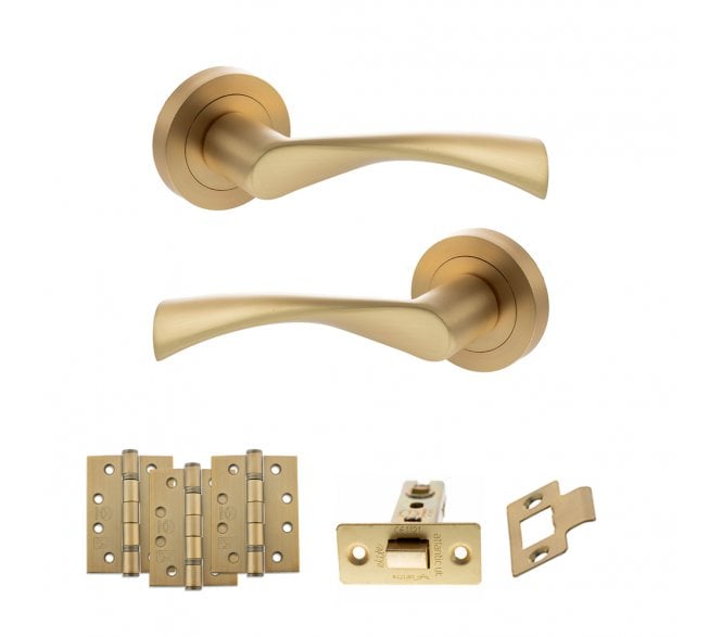 STATUS Colorado Door Handle Latch Pack (4 Fire Rated Hinges x3) - Satin Brass