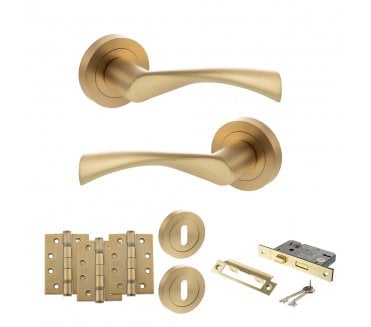 STATUS Colorado Door Handle Lock Pack (4 Fire Rated Hinges x3) - Satin Brass