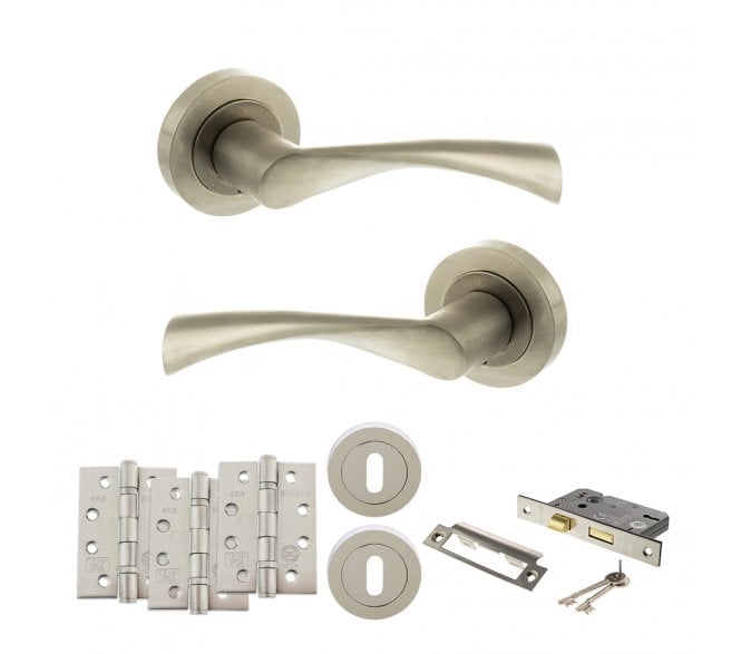 STATUS Colorado Door Handle Lock Pack (4 Fire Rated Hinges x3) - Satin Nickel