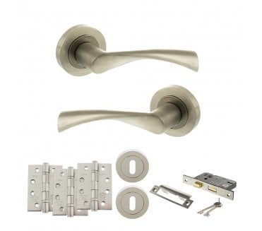 STATUS Colorado Door Handle Lock Pack (4 Fire Rated Hinges x3) - Satin Nickel