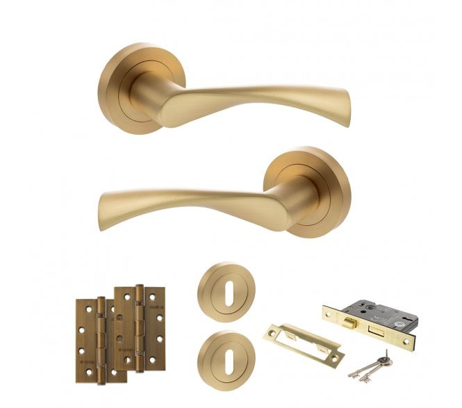 STATUS Colorado Door Handle Lock Pack (4 Slim Knuckle Hinges x2) - Satin Brass