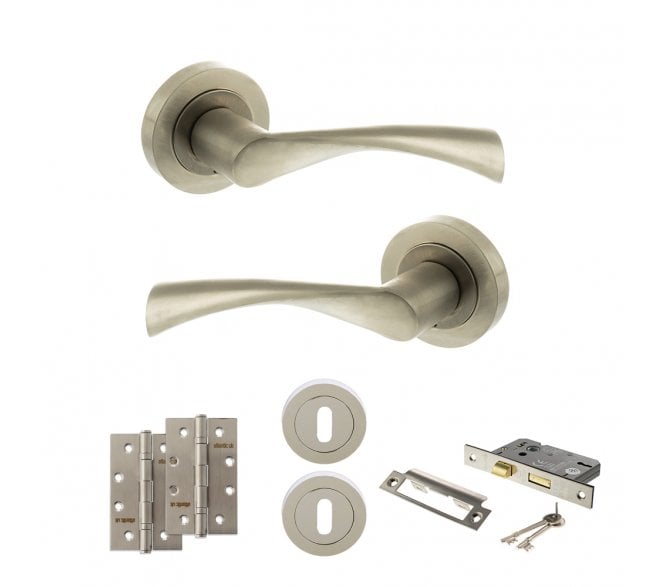 STATUS Colorado Door Handle Lock Pack (4 Slim Knuckle Hinges x2) - Satin Nickel