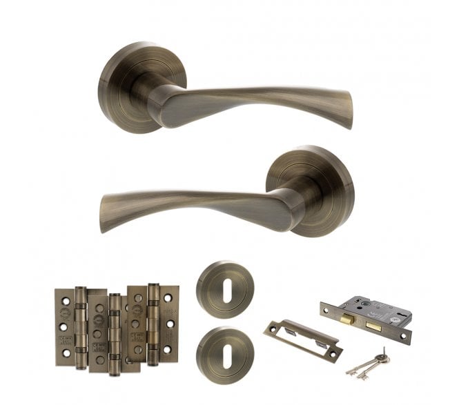 STATUS Colorado Door Handle Lock Pack (3 Ball Bearing Hinges x3) - Antique Brass