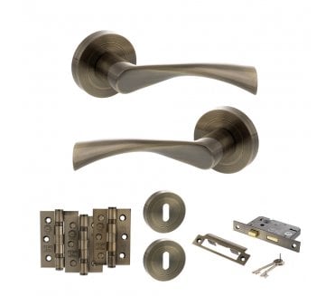 STATUS Colorado Door Handle Lock Pack (3 Ball Bearing Hinges x3) - Antique Brass