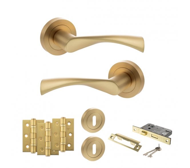 STATUS Colorado Door Handle Lock Pack (3 Ball Bearing Hinges x3) - Satin Brass