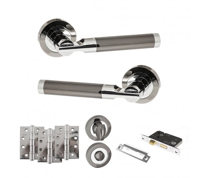 STATUS Dakota Door Handle Bathroom Pack (4 Fire Rated Hinges x3) - Black Nickel/Polished Chrome