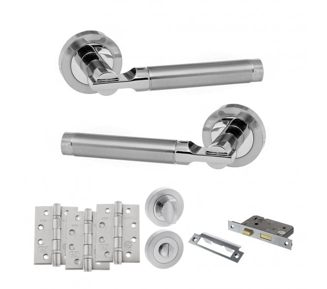 STATUS Dakota Door Handle Bathroom Pack (4 Fire Rated Hinges x3) - Satin Chrome/Polished Chrome