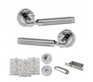 STATUS Dakota Door Handle Bathroom Pack (4 Fire Rated Hinges x3) - Satin Chrome/Polished Chrome