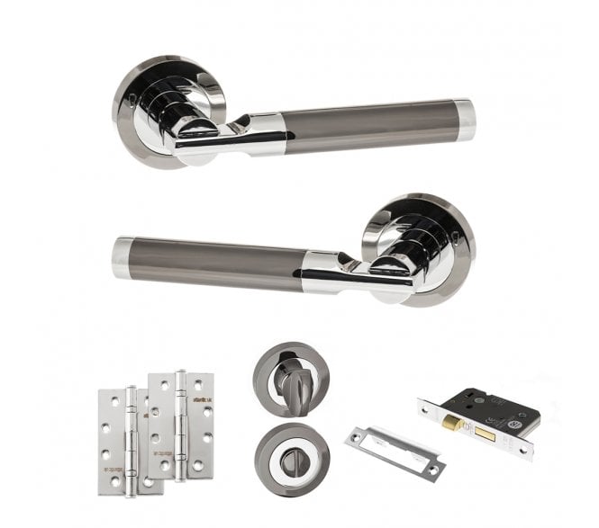 STATUS Dakota Door Handle Bathroom Pack (4 Slim Knuckle Hinges x2) - Black Nickel/Polished Chrome