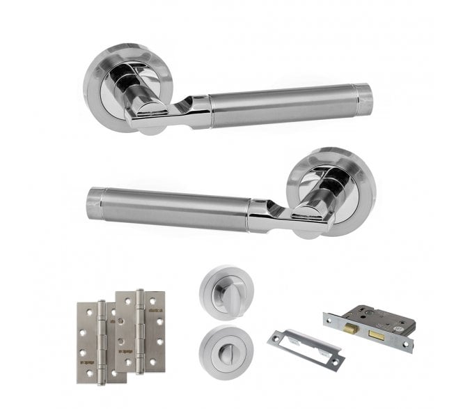 STATUS Dakota Door Handle Bathroom Pack (4 Slim Knuckle Hinges x2) - Satin Chrome/Polished Chrome