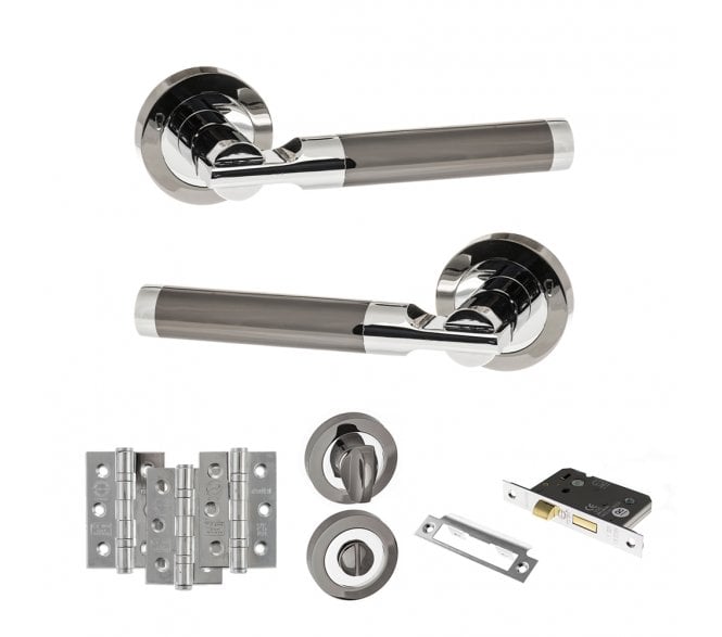 STATUS Dakota Door Handle Bathroom Pack (3 Ball Bearing Hinges x3) - Black Nickel/Polished Chrome