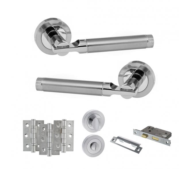 STATUS Dakota Door Handle Bathroom Pack (3 Ball Bearing Hinges x3) - Satin Chrome/Polished Chrome