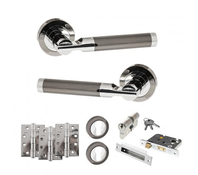 STATUS Dakota Door Handle Euro Profile Lock Pack (4 Fire Rated Hinges x3) - Black Nickel/Polished Chrome