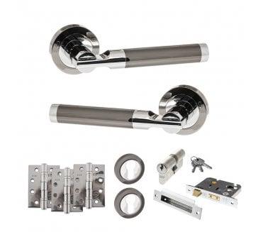 STATUS Dakota Door Handle Euro Profile Lock Pack (4 Fire Rated Hinges x3) - Black Nickel/Polished Chrome