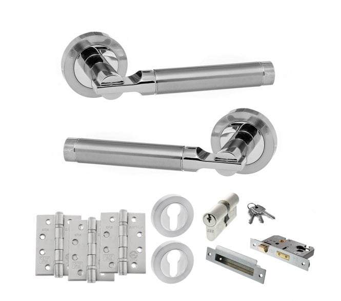 STATUS Dakota Door Handle Euro Profile Lock Pack (4 Fire Rated Hinges x3) - Satin Chrome/Polished Chrome