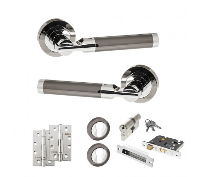 STATUS Dakota Door Handle Euro Profile Lock Pack (4 Slim Knuckle Hinges x2) - Black Nickel/Polished Chrome