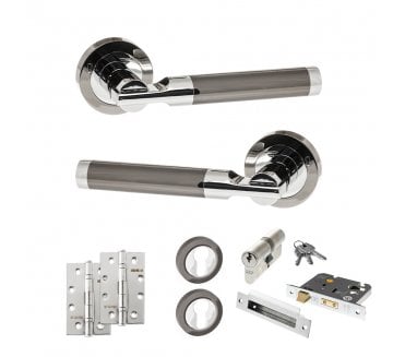 STATUS Dakota Door Handle Euro Profile Lock Pack (4 Slim Knuckle Hinges x2) - Black Nickel/Polished Chrome