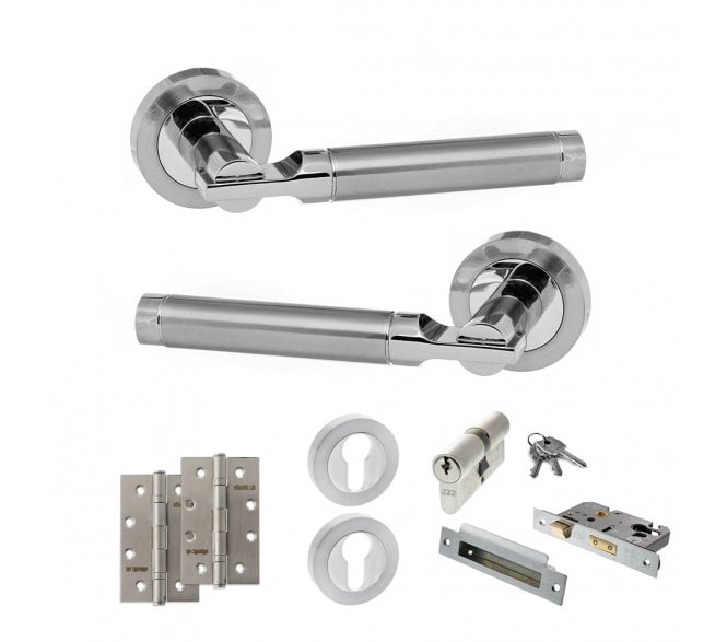 STATUS Dakota Door Handle Euro Profile Lock Pack (4 Slim Knuckle Hinges x2) - Satin Chrome/Polished Chrome