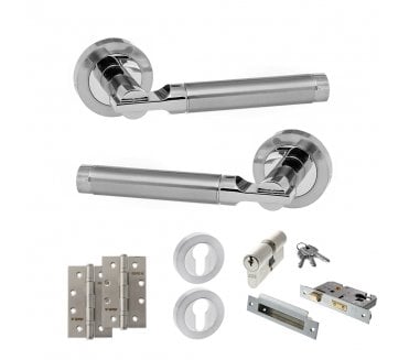 STATUS Dakota Door Handle Euro Profile Lock Pack (4 Slim Knuckle Hinges x2) - Satin Chrome/Polished Chrome