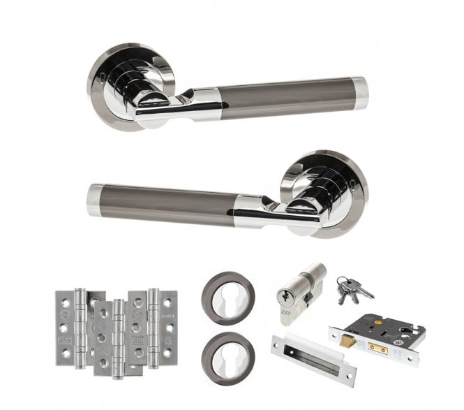 STATUS Dakota Door Handle Euro Profile Lock Pack (3 Ball Bearing Hinges x3) - Black Nickel/Polished Chrome