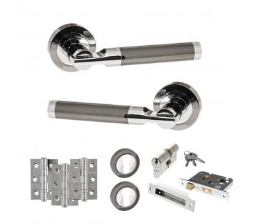 STATUS Dakota Door Handle Euro Profile Lock Pack (3 Ball Bearing Hinges x3) - Black Nickel/Polished Chrome