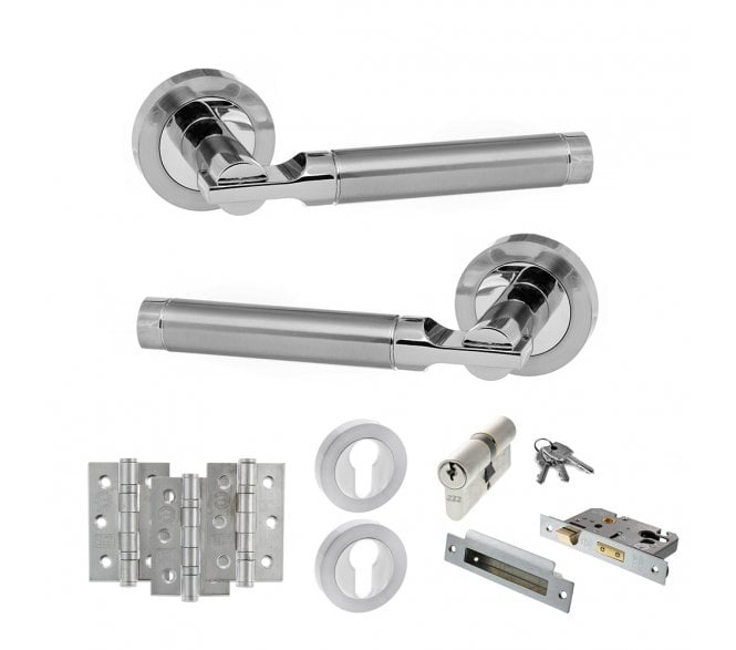 STATUS Dakota Door Handle Euro Profile Lock Pack (3 Ball Bearing Hinges x3) - Satin Chrome/Polished Chrome