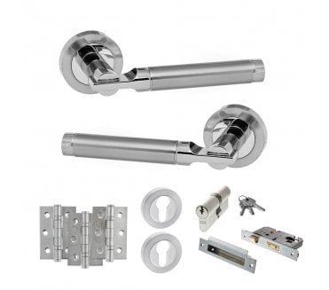 STATUS Dakota Door Handle Euro Profile Lock Pack (3 Ball Bearing Hinges x3) - Satin Chrome/Polished Chrome