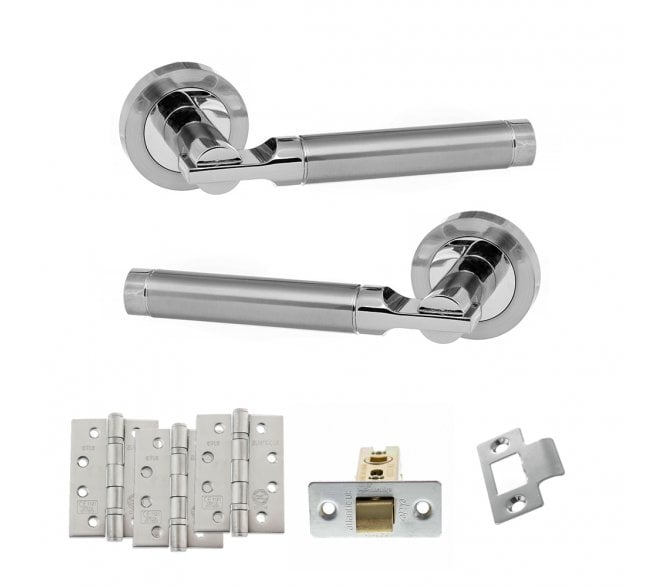 STATUS Dakota Door Handle Latch Pack (4 Fire Rated Hinges x3) - Satin Chrome/Polished Chrome