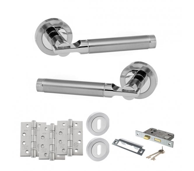 STATUS Dakota Door Handle Lock Pack (4 Fire Rated Hinges x3) - Satin Chrome/Polished Chrome