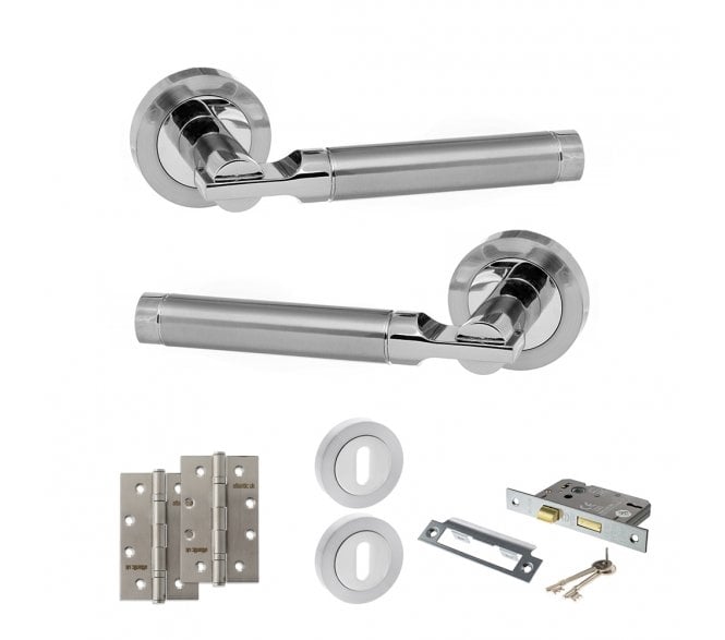 STATUS Dakota Door Handle Lock Pack (4 Slim Knuckle Hinges x2) - Satin Chrome/Polished Chrome
