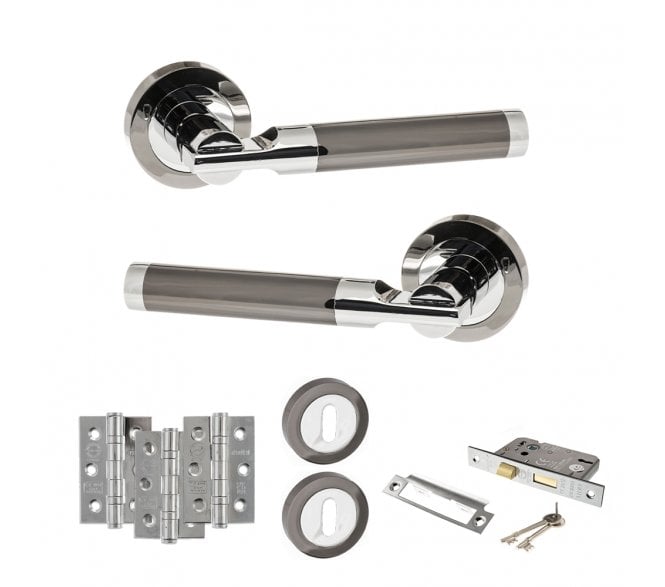 STATUS Dakota Door Handle Lock Pack (3 Ball Bearing Hinges x3) - Black Nickel/Polished Chrome