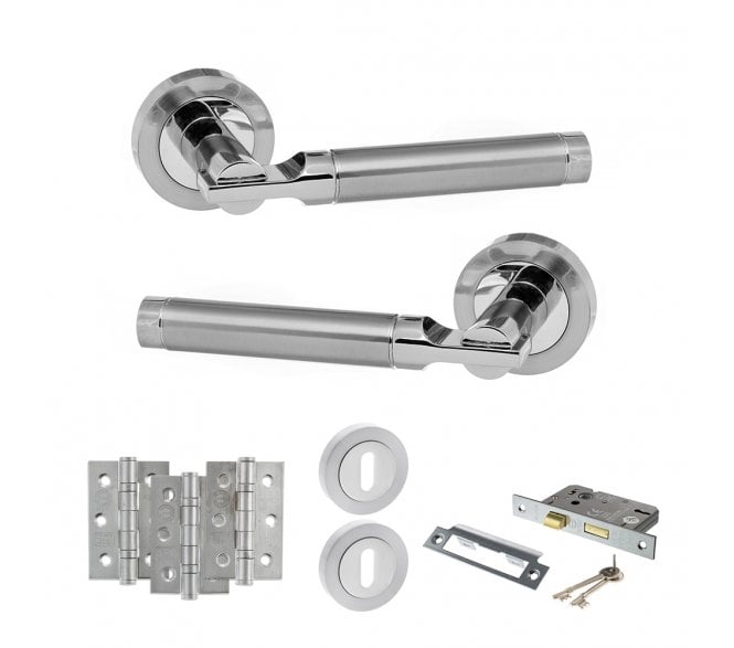 STATUS Dakota Door Handle Lock Pack (3 Ball Bearing Hinges x3) - Satin Chrome/Polished Chrome