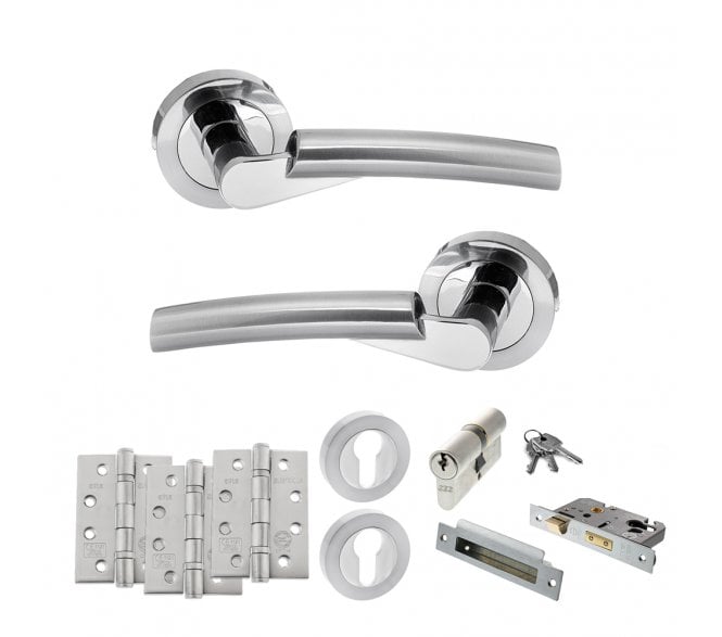 STATUS Florida Door Handle Euro Profile Lock Pack (4 Fire Rated Hinges x3) - Polished/Satin Chrome