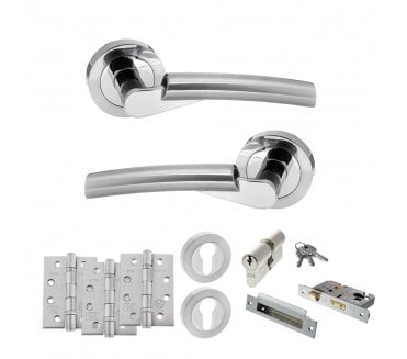 STATUS Florida Door Handle Euro Profile Lock Pack (4 Fire Rated Hinges x3) - Polished/Satin Chrome