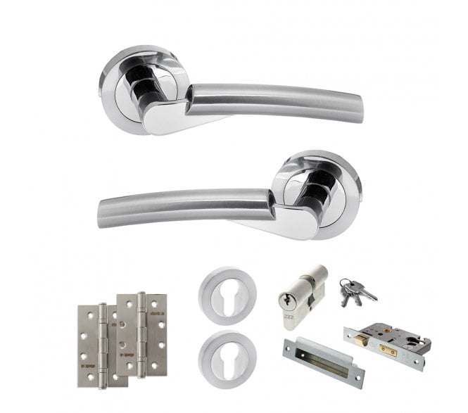 STATUS Florida Door Handle Euro Profile Lock Pack (4 Slim Knuckle Hinges x2) - Polished/Satin Chrome