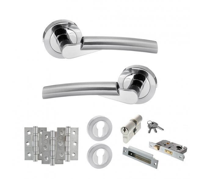 STATUS Florida Door Handle Euro Profile Lock Pack (3 Ball Bearing Hinges x3) - Polished/Satin Chrome