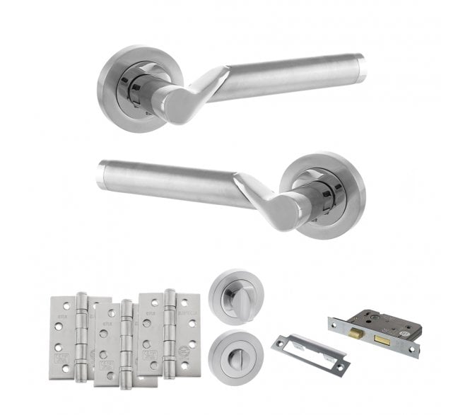STATUS Hawaii Door Handle Bathroom Pack (4 Fire Rated Hinges x3) - Satin Chrome/Polished Chrome