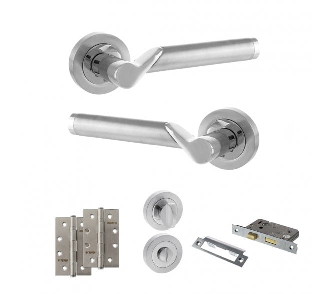 STATUS Hawaii Door Handle Bathroom Pack (4 Slim Knuckle Hinges x2) - Satin Chrome/Polished Chrome
