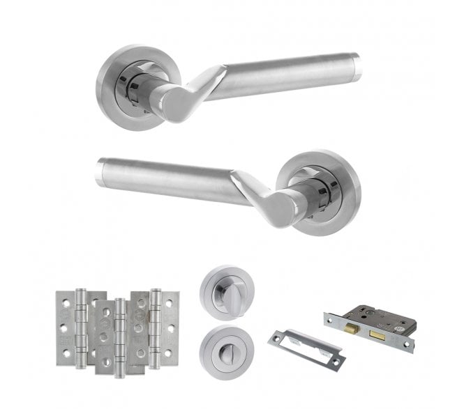 STATUS Hawaii Door Handle Bathroom Pack (3 Ball Bearing Hinges x3) - Satin Chrome/Polished Chrome