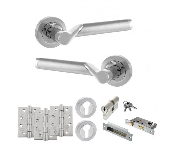 STATUS Hawaii Door Handle Euro Profile Lock Pack (4 Fire Rated Hinges x3) - Satin Chrome/Polished Chrome